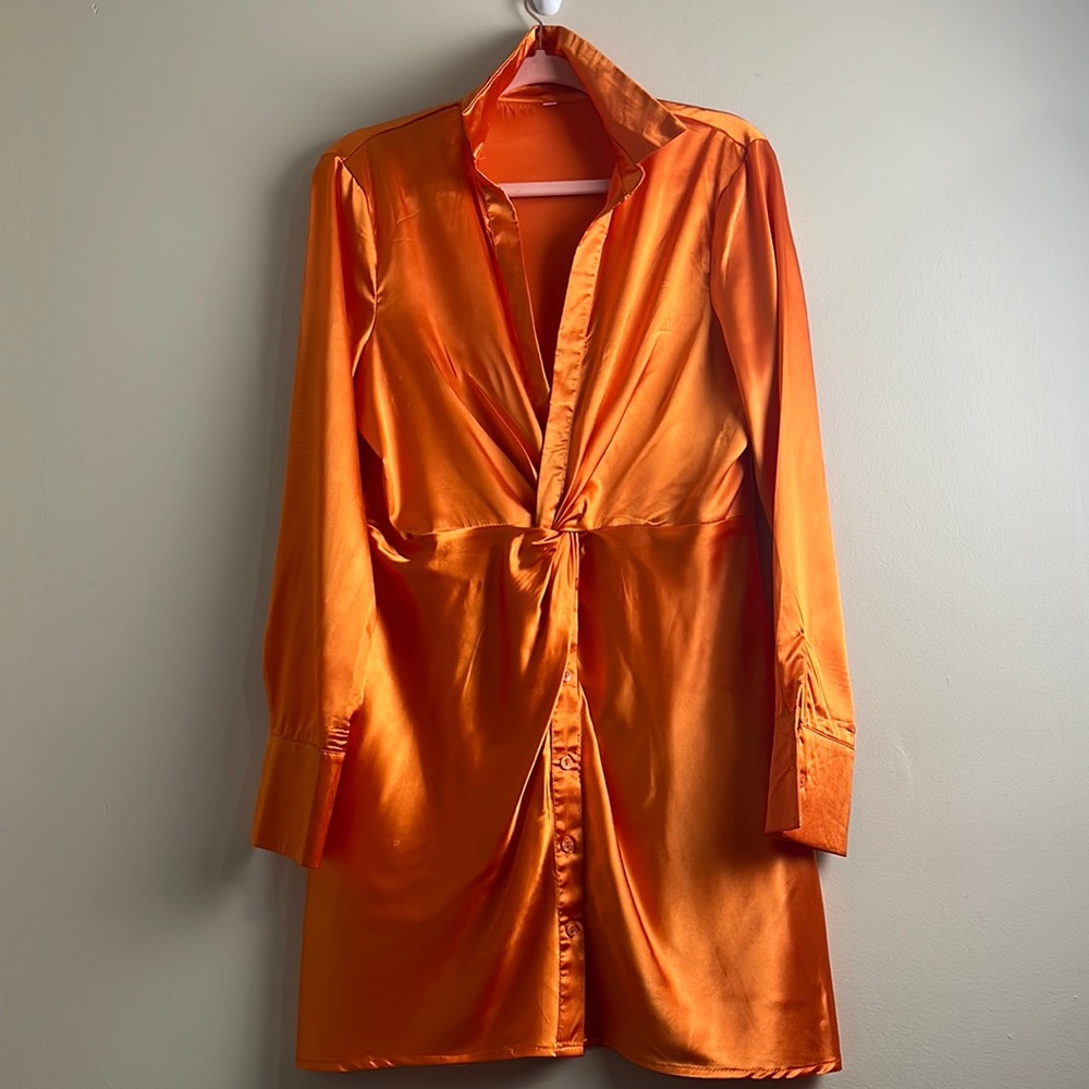 Large Orange Satin deep neck line mini dress